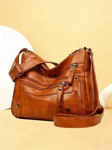 Vintage PU Soft Leather Fashion Crossbody Bag, Washable Leather Shoulder Bag, Multi-Pocket Design, Ideal for Middle Aged Moms