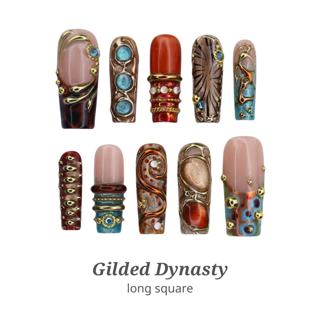 Lilynailsart | Maximalist Gold Gemstone Nails – Metallic Chrome 3D Gem Abstract Nails – Long Square Luxury Nails