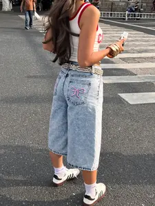 Women's Y2K Loose-Fit Shorts, Wide-Leg Knee-Length Pants, Plain Style Fitted Design, Butterfly Knot Pocket, Skate Streetwear