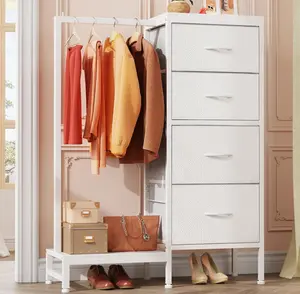 Dresser with Hanging Rack, 4 Drawers Small Closet for Bedroom, Reversible Fabric  Chest of Drawers with Clothes Rack, Tall Storage Tower, Sturdy Frame, White, 44''H