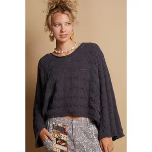 POL Round Neck Cable Knit Cropped Sweater