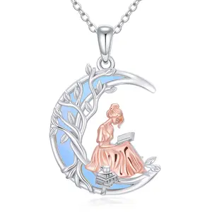 MEIDERBO Book Lover Necklace for Women 925 Sterling Silver Moonstone Pendant Mothers Day Gift for Mom Bookworm Reading Jewelry Stainless Steel Chain 18+2 Inch