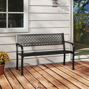 Vallmore 50" Metal Garden Bench w/ Geometric Lattice Backrest, Curved Armrests, Slatted Seat & 790 lb Capacity, Loveseat for 2-3 People – Porch, Lawn, Yard (Black, Grey, Red)