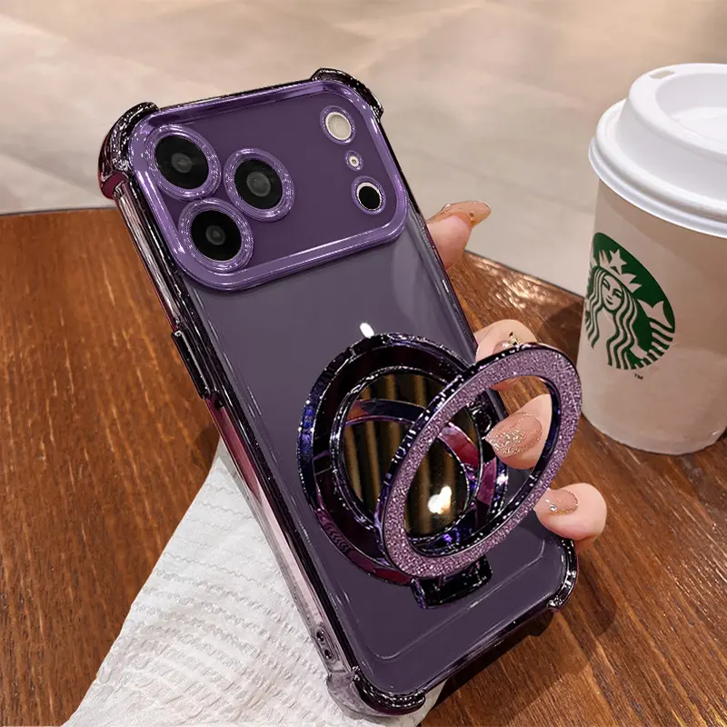 Women's Smartphone Casing with Mirror & Handheld Stand for iPhone 17 ProMax/Pro/Air, Purple Chrome Alloy Frame, HD Transparent Material, Reinforced Corner Protection, Full-Body Drop-Resistant Design for Cellphone Devices, Accessories
