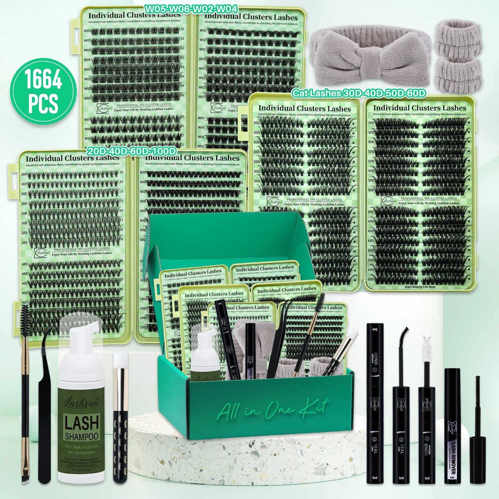 1664PCS D Curl Lash Clusters Kit, Diy Cluster Lash, Individual Lashes Extensions, 12 Styles Cat/Volume with Bond & Seal, Lash Remover, Lash Applicator, Headband & Wristband, Lash Shampoo & Brush, for Beginners & Pros