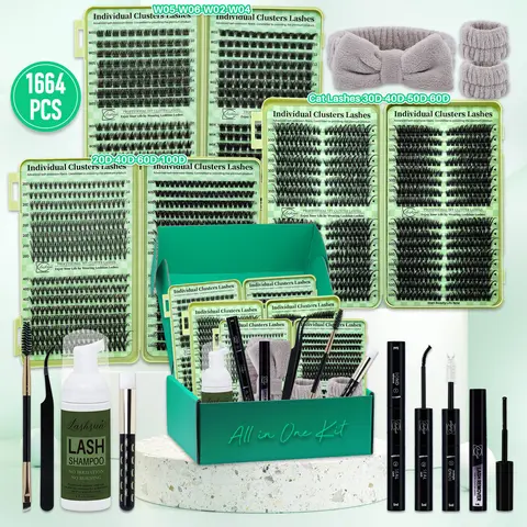 1664PCS D Curl Lash Clusters Kit, Diy Cluster Lash, Individual Lashes Extensions, 12 Styles Cat/Volume with Bond & Seal, Lash Remover, Lash Applicator, Headband & Wristband, Lash Shampoo & Brush, for Beginners & Pros, Cluster Eyelash Kit