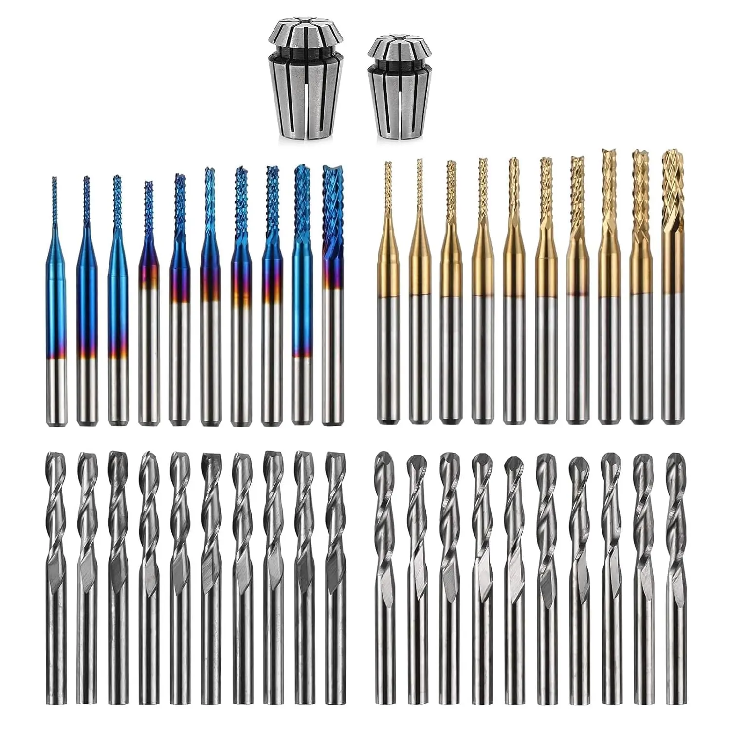 LUNYEE 40pcs End Mills CNC Router Bits with ER11, ER16 Collet, 1/8" Shank CNC Cutter Milling Carving Bit Set Including 2-Flute Flat Nose & Ball Nose, Nano Blue Coat & Titanium Coat Bits