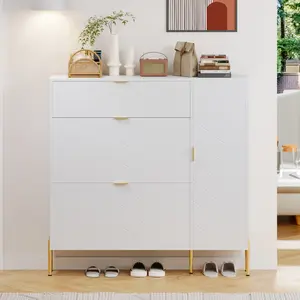 [Bellemave] 43.31inch Entryway Shoe Storage Cabinet| Flip-up Drawers and Shelves| White
