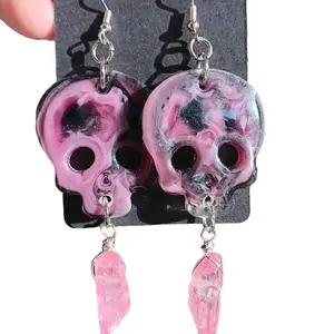 Pink and Black Crystal Skull Earrings Handmade Resin Jewelry with Unique Swirl Pattern & Wire-Wrapped Charm Gothic Glam Style