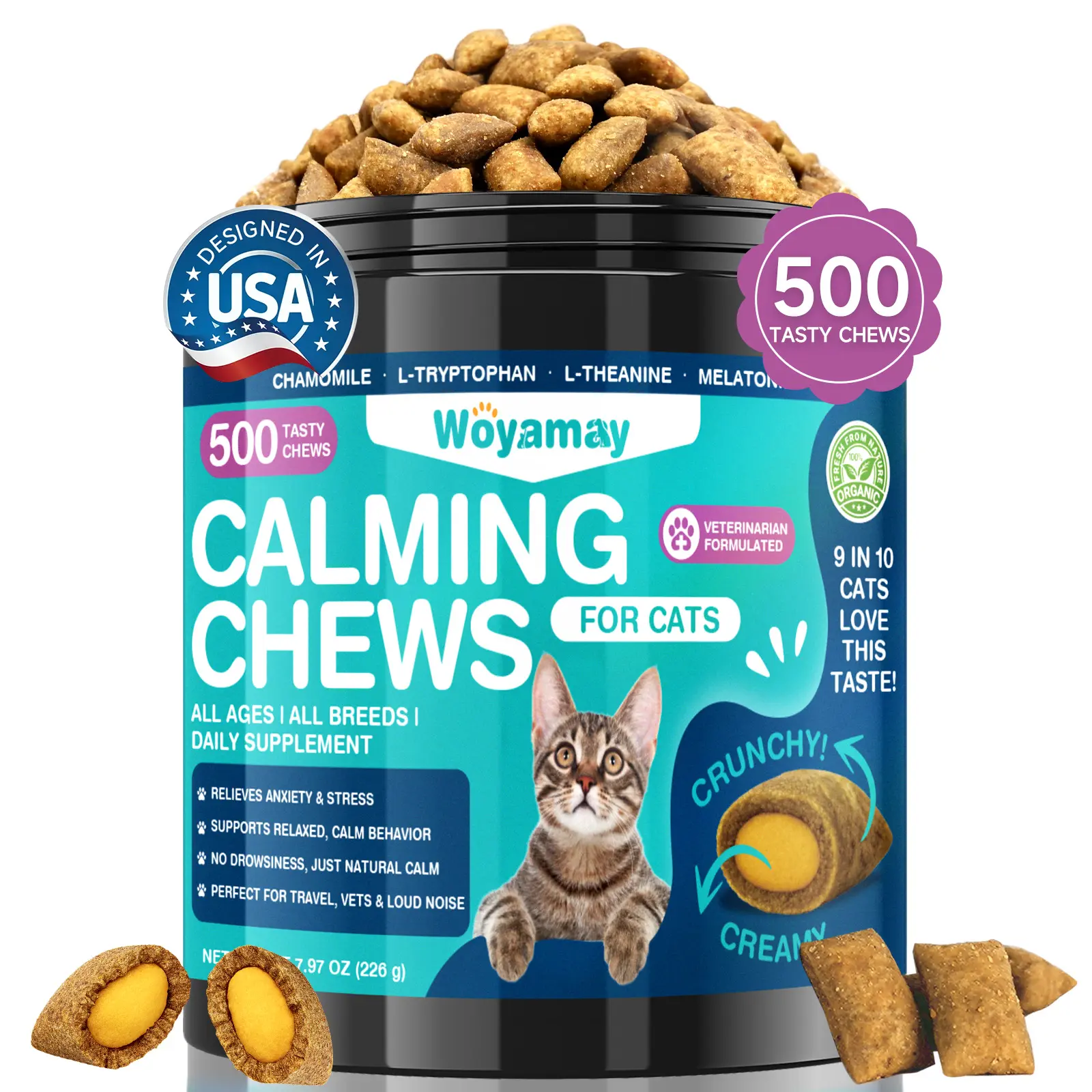 Woyamay Crunchy Calming Treats for Cats, Cat Composure & Relaxation Chews, Relief Soft Chew Pet Treats for Everyday Stress Support - 500 Tasty Chews, Healthy Snacks Cattreats Cute Cat Treats