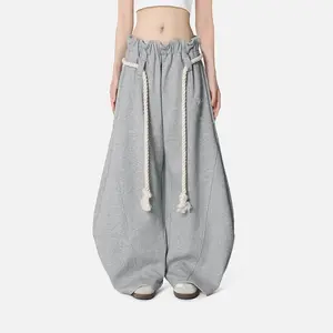 Drawstring Sports Style Embroidered Pattern Wide-Leg Scimitar Pants Loose Casual Sweatpants