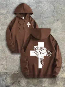 Men's Fashion Casual Comfortable Graphic Print Hoodie Sweatshirt, Jesus Head Cross Religious Print, Kangaroo Pocket Drawstring, Fall Winter Streetwear