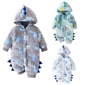 Baby Boy Plush Hooded Jumpsuit Dinosaur Pattern Front Button Long Sleeve Hooded Jumpsuit Toddler Jumpsuit Autumn Winter Jumpsuit #