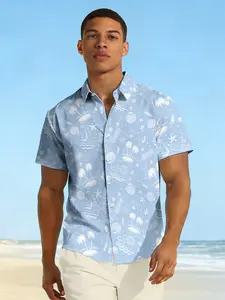 Men's Coconut Palm Seashell Starfish Print Shirt, Casual Hawaiian Beach Vacation Top, Short Sleeve Slim-Fit Button Down