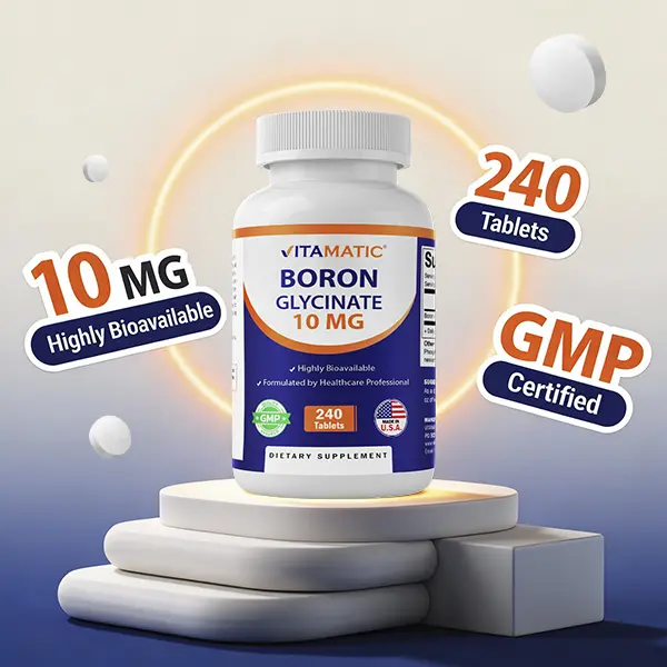 Vitamatic Boron Glycinate 10mg Tablet-Based Dietary Supplement, 240 Tablets, Non-GMO, Gluten-Free, GMP-Certified, Supports Bone Health & Nutrient Intake, Tablet-Based Mineral Supplements
