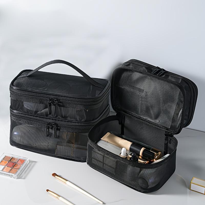 Lightweight Double Layer Makeup Bag - Durable Polyester, Zipper Travel Toiletry Organizer, Black Cosmetic Organizer