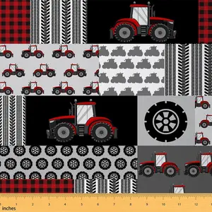 Tractor Upholstery Fabric,Cartoon Farm Tractor Fabric By The Yard,Truck Car Textile Waterproof Fabric,1 Yard Harvester Excavator Plaid Red Fabric