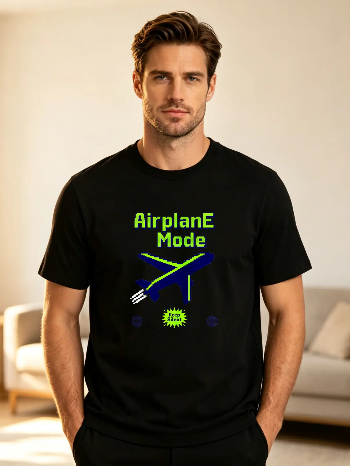 Men's Airplane Mode Pixel Graphic T-Shirt, Funny Casual Simple Round Neck Short Sleeve Travel Tops for Flying Enthusiasts, Shortsleeve, Menswear, Casual Tee, Graphic Print, Machine Wash
