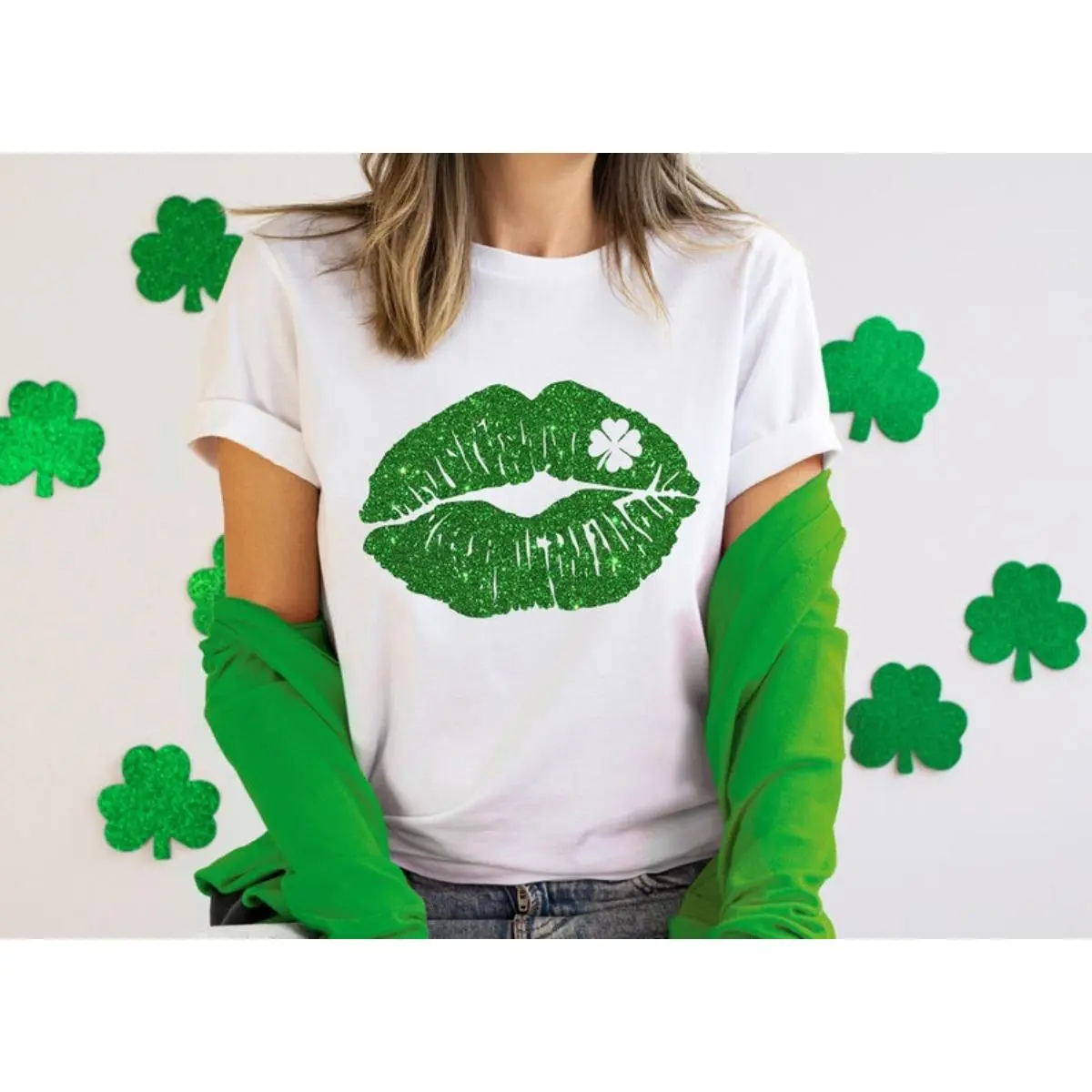 Lip Kiss Lucky Patrick's day shirt, Lips shamrock green womens shirt, st patricks day shirt, st paddys, cute st pattys shirt, pattys women Apparel Printed