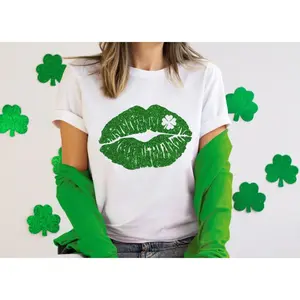 Lip Kiss Lucky Patrick's day shirt, Lips shamrock green womens shirt, st patricks day shirt, st paddys, cute st pattys shirt, pattys women