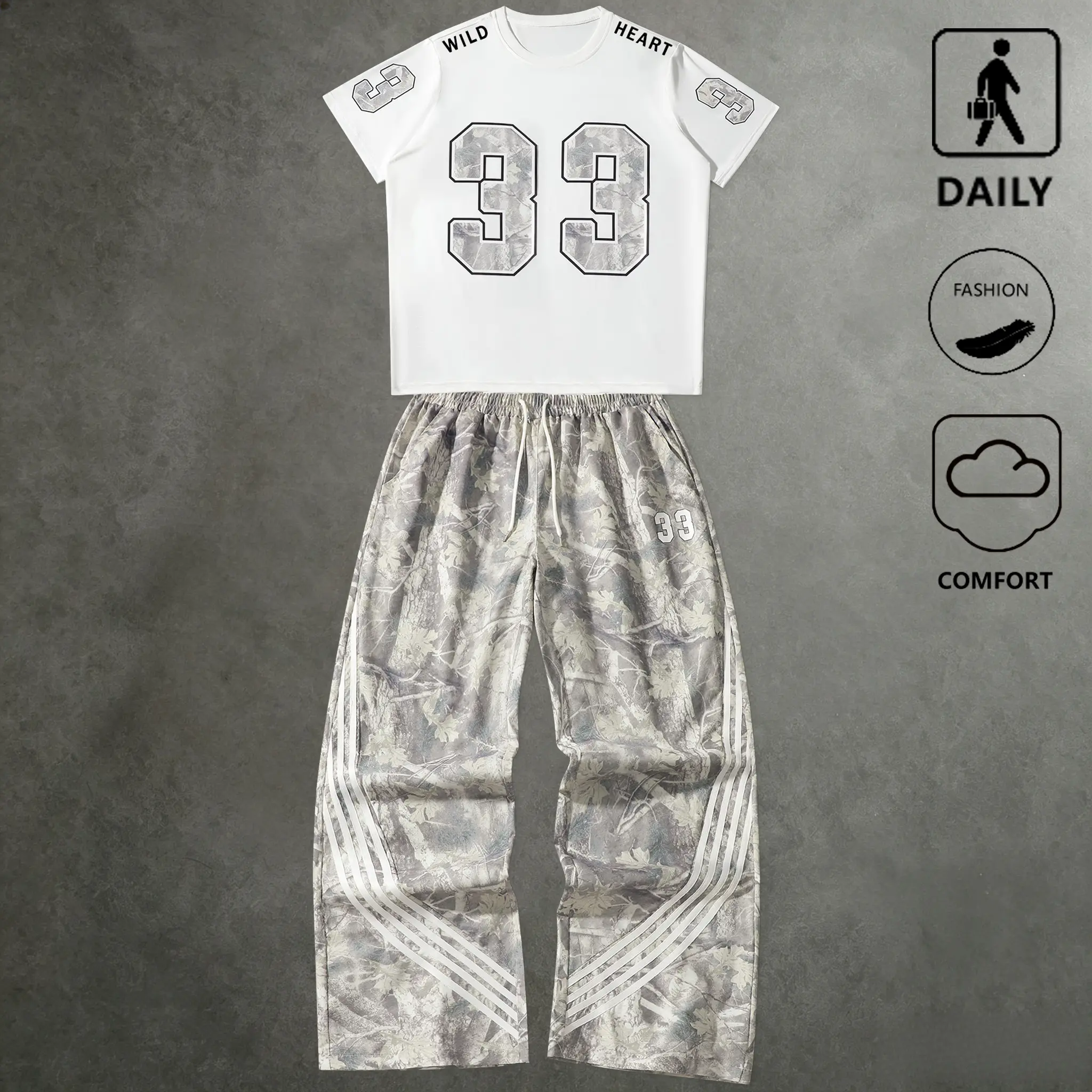 Men's Streetwear 2-Piece Set - Loose-Fitting Polyester Clothes in Jungle Camouflage with Crew Neck T-Shirt and Wide-Leg Pants, Fashion, Short Sleeve, Drawstring, Casual