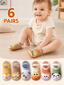 6 Pairs Baby Non-Slip Socks, Cartoon Animal Design, Indoor Floor Grip Socks for Kids, Boys' Short Socks, Newborn Infant Sock Set
