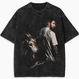 Vintage Messi Graphic Wash Shirt, Casual Sporty T-shirt, Football Goat Signature Outdoor, Soccer Champ Legend Street Style Washed t-shirt 6GO