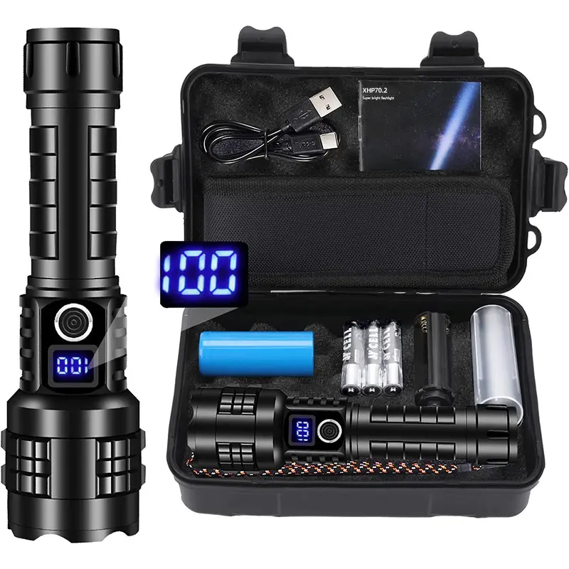 High Power XHP70.2 LED Flashlight Kit, Type-C Rechargeable Tactical Flashlight with Digital Display, Scalable 5 Modes, 5000mAh Battery, and AAA Adapter for Camping, Zoomable, Emergency