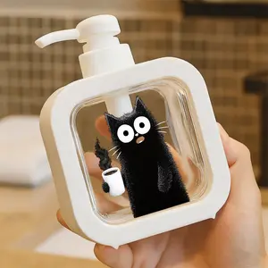 Cute Black & White Fluffy Cat with White Eyes and Whiskers Holding Hot Drink Mug, Moisturizing Soap Pump Bottle - Versatile Kitchen & Bathroom Soap Dispenser for Hand & Dish Soap, Whimsical Decorative Pump Dispenser