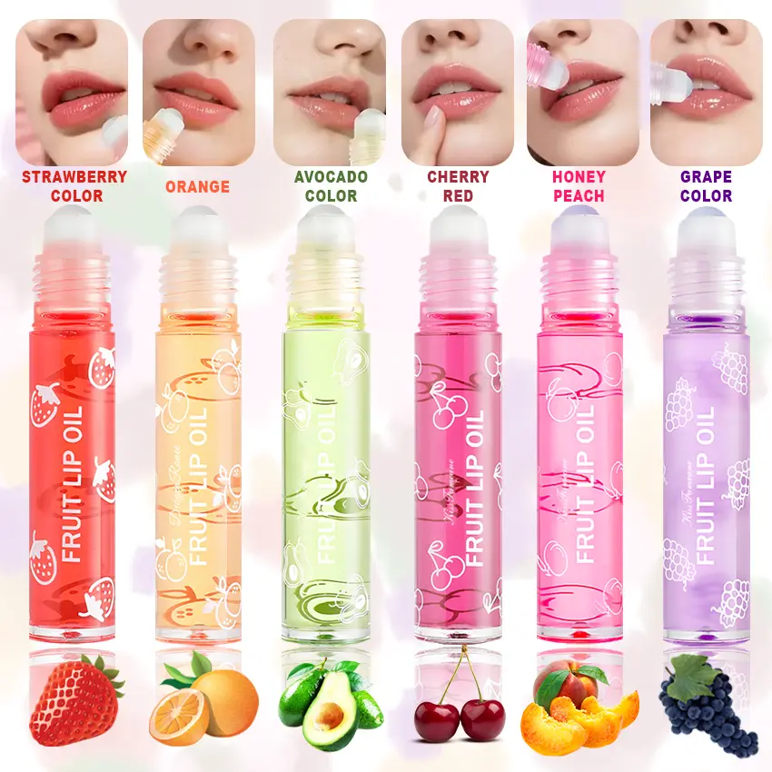 6pc Fruit Lip Oil Moisturizing Non-Greasy Long-Lasting Shiny Transparent Glossy Lip Gloss with Fruit Extracts for All Skin Tones Safe for Sensitive Skin Cute Gift Packaging for Daily Use Parties Travel