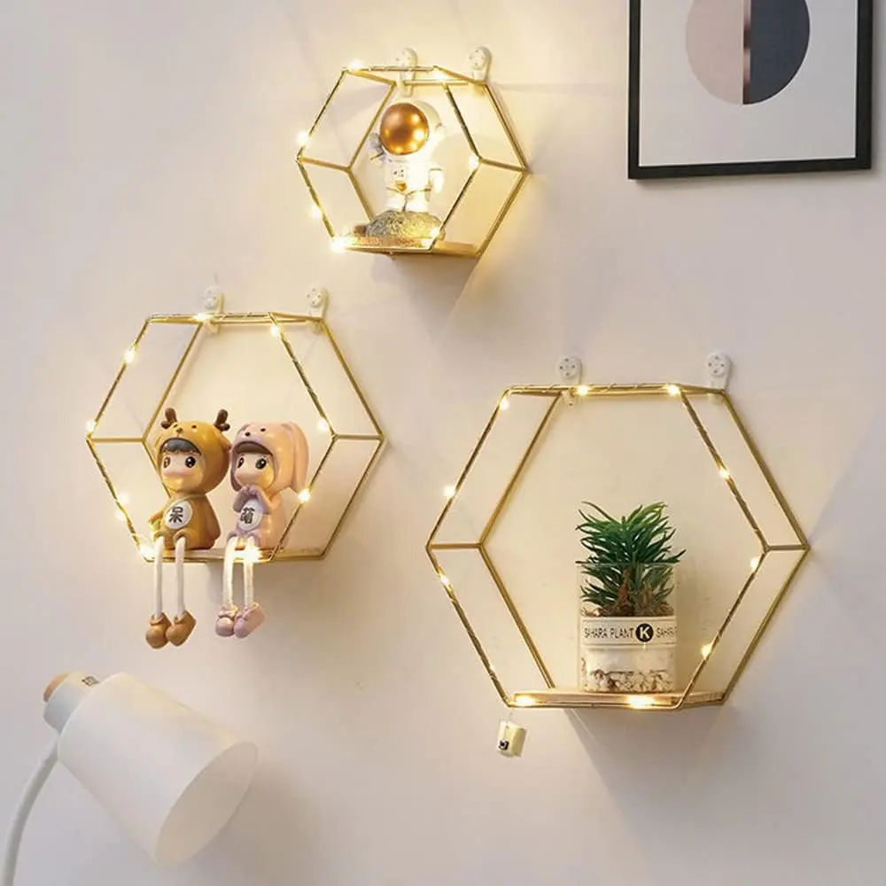 3-Piece Durable Geometric Gold Metal Wire & Wooden Hexagonal Floating Shelf Set with LED Lights, Wall-Mount Storage Rack, Home Decor for Bedroom, Kitchen, Space-Lighting Home Supplies