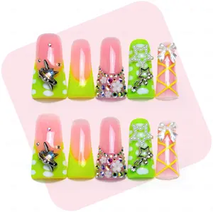Pink Green Gradient Star Bow Press On Nails Long Square Cute Y2K Nails Rhinestone Crystal Fake Nails Bling 3D Flower Nails Glossy Candy Nails Handmade Acrylic Nails Summer Fun Nails Reusable Salon Quality Nails Party Festival Statement Nail Set 10PCS