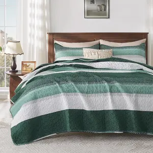 Emerald Green Quilt King(106x96Inch), 3 (1 Striped Quilt and 2 Pillowcases) Patchwork Striped Bedspread Coverlet, Microfiber Lightweight Quilted