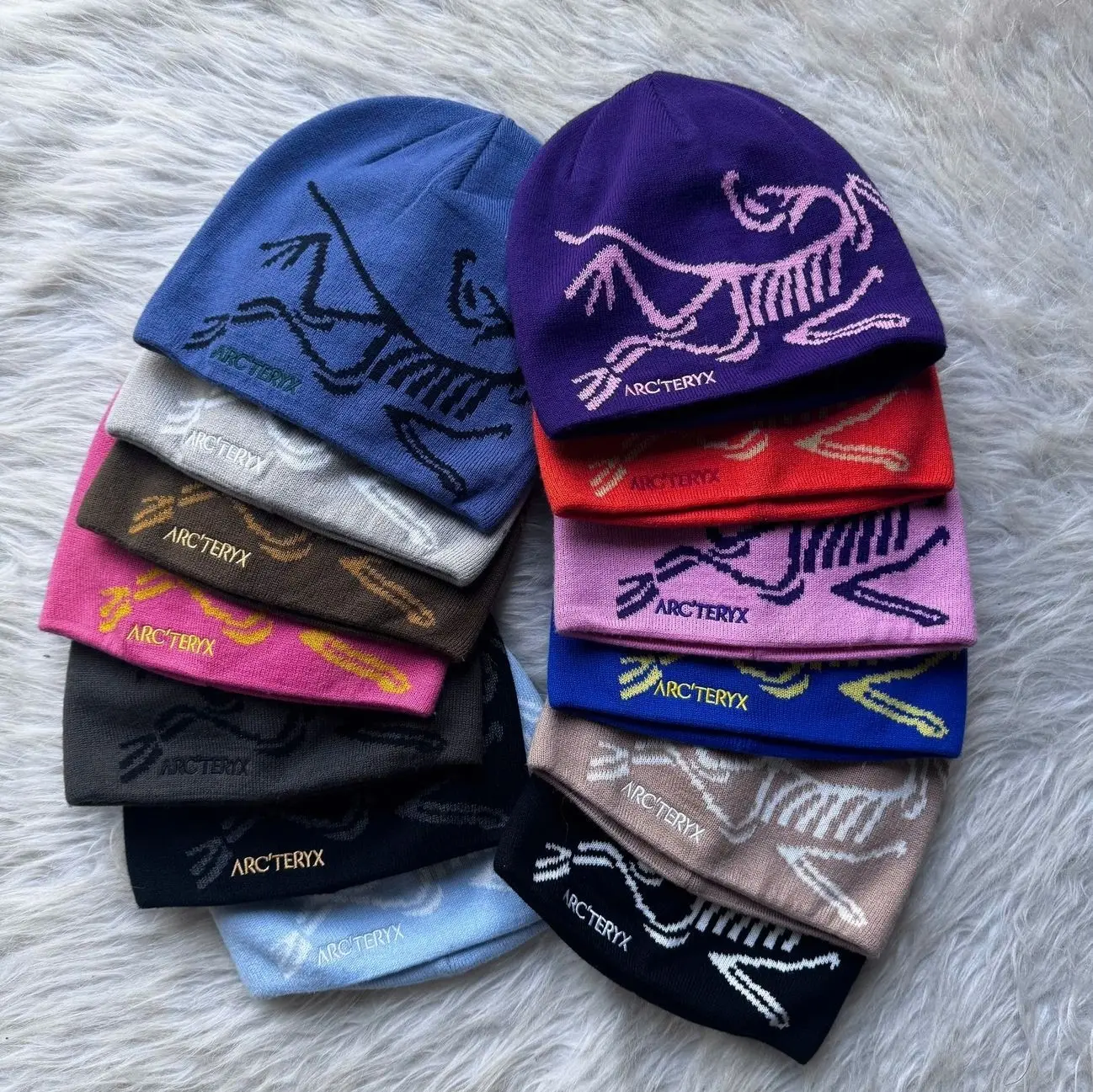 Arc'teryx Inspired Knit Beanie Hat – Black & Grey | Large Bird of Prey Logo | Gold Embroidered Text | Soft Warm Skull Cap | Y2K Gorpcore Streetwear | Unisex Ski Hiking Outdoor Winter Hat