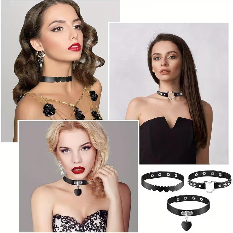 6 Pieces Black Heart Theme Leather Collar,r Adjustable PU Leather Collar Set(Black)Christmas Halloween Costume gift