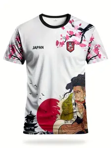 Japanese Cherry Blossom Samurai Print Sportswear, Breathable Round Neck Design, Japan Football Jersey Memorial Tee, World Cup Japan Team Soccer Uniform, Stylish Jersey