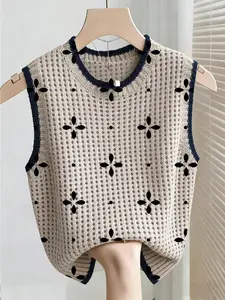 Boho Style Summer Vacation Loose-Fitting Round Neck Sleeveless Hollow Out Colorblock Cardigan, Geometric Print Knit Top for Women