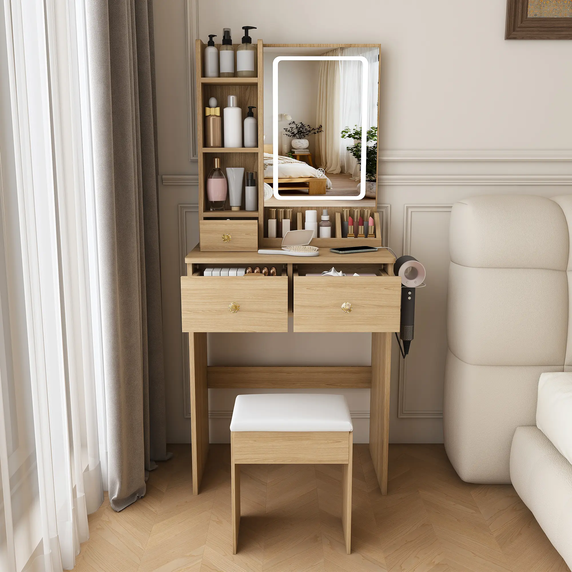 Modern Small Bedroom Dressing Table with 3-Mode Adjustable-Brightness LED Mirror Light, 3 Drawers, Open Storage Shelves, Hair Dryer Holder, Power Outlet and Matching Dressing Stool (Natural Walnut/Black/White)