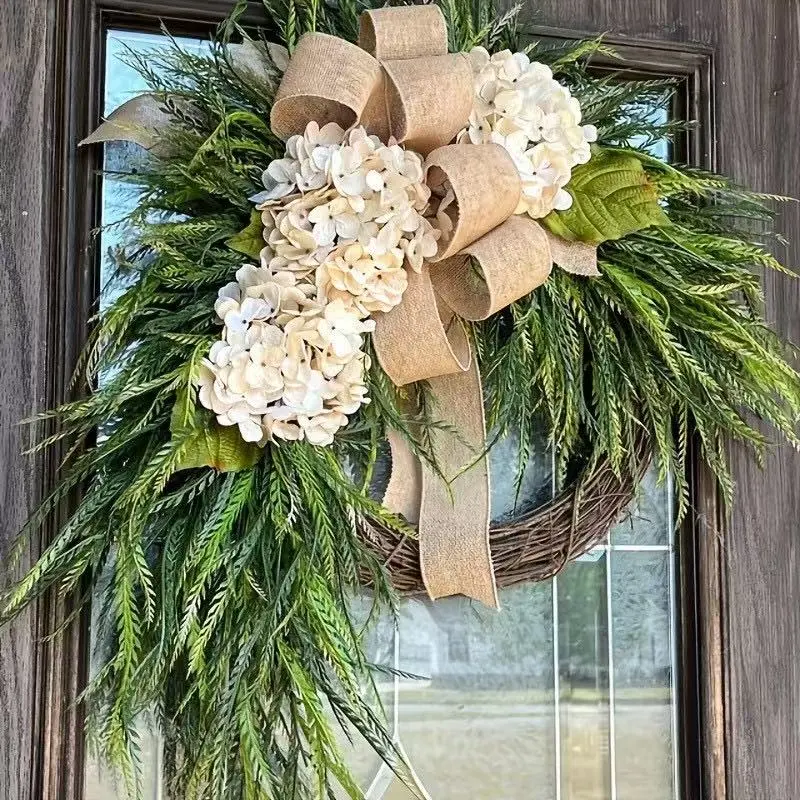 Champagne Hydrangea Wreath for Front Door, Neutral Farmhouse Grapevine Wreath with Burlap Bow, Year Round Spring Summer Fall Winter Porch Decor
