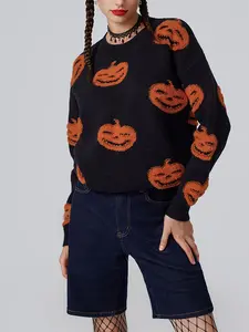 Women's Vintage Pumpkin Knit Sweater, Round Neck Loose Fit Fun Pattern, Casual Streetwear Top for Fall & Winter