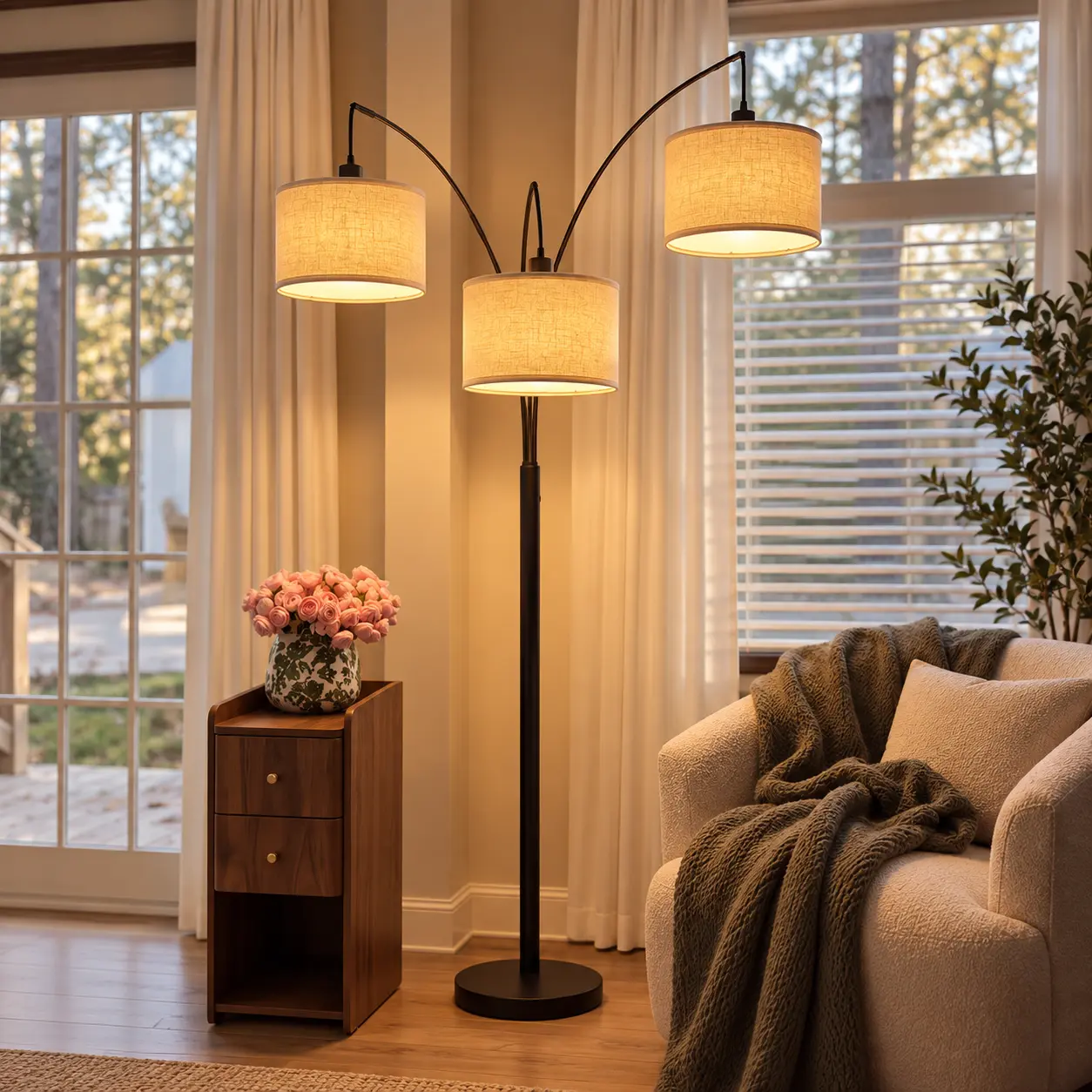 Hoodink Dimmable 3-Light Arc Floor Lamp - 1000LM Mid Century Modern Tree Lamp with Beige Shades, Heavy Base, 3x6W LED Bulbs (LED Only) for Living Room, Bedroom, House Decor, Unique Room Decorations, Lights, Lamps