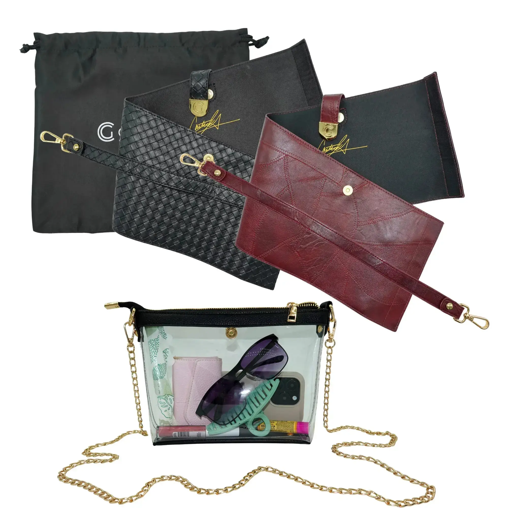 Bundle: Signature Clear Bag, Maroon Stitched Wrap & Strap, Black Woven Wrap & Strap