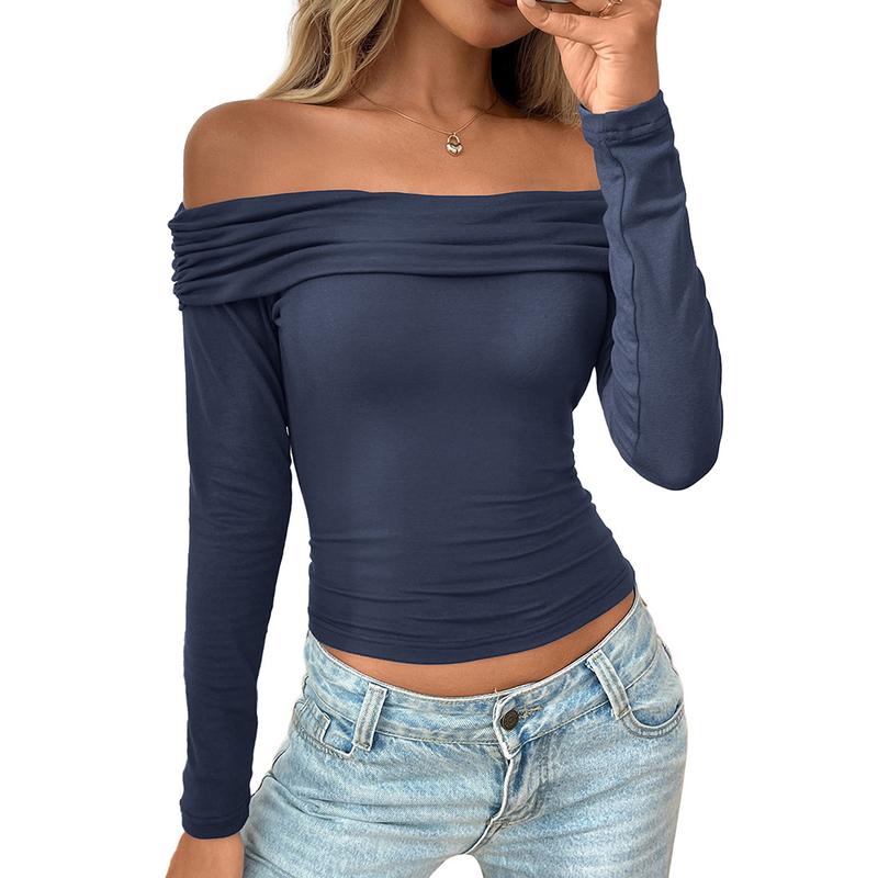 Women's Off The Shoulder Long Sleeve Ruched Slim Fit Crop Top
