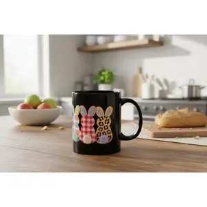 Easter Bunny Row Black Ceramic Mug — Colorful Patterned Bunny Silhouettes (11oz & 15oz)
