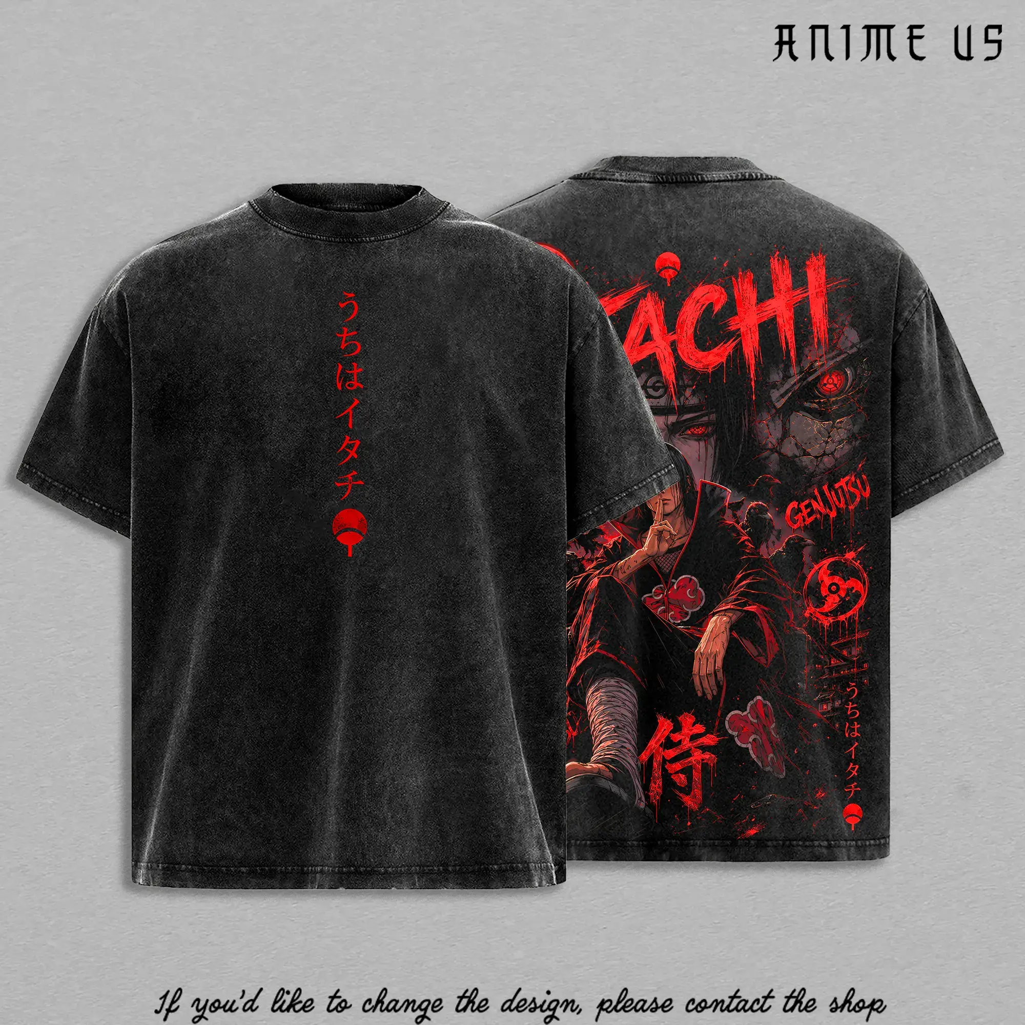 Uchiha Clan Red Eye Illusion Shinobi Vintage Washed Oversized Graphic Tee, Dark Crow Warrior Heavy Cotton Anime Inspired Streetwear Shirt