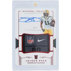 Jayden Reed Green Bay Packers Autographed 2023 Panini National Treasures Crossover Rookie Patch Autograph Laundry Tag Relic #CRPA-JRE #5/5 Rookie Card - Fanatics Authentic Certified