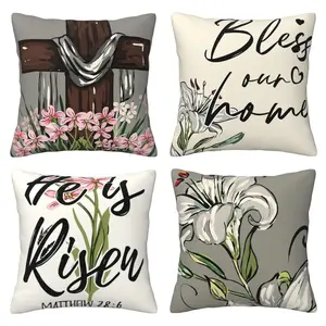 Easter Pillow Set with Jesus Resurrection Blessing for Our Home Cross Flower Pattern Pillow Set with Farmhouse Style Decoration Suitable for Sofa, Bedroom, Living Room Decoration 4-piece Set with Double sided Printing