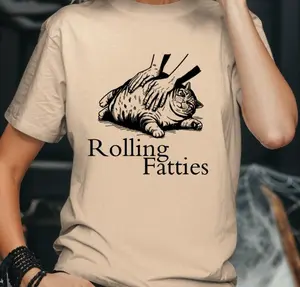 Rolling Fatties Funny Fat Cat Lovers T-shirt Casual Crewneck Softstyle Tee for Women & Men Loose Fit Poly/Cotton Blend Machine Washable Comfortable Top
