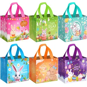Bag Set of 6 or 18 - Reusable Easter Gift Non-Woven Bunny Tote Baskets with Handles for Kids Egg Hunt, Spring Party Favors & Candy Treats, Durable for School Events & Neighborhood Sharing