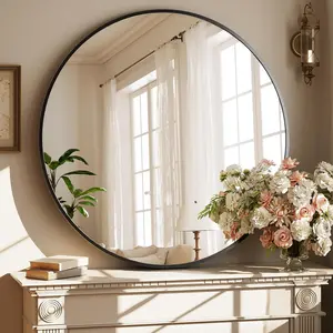 20/24/28 Inch Round Tabletop Leaning Mirror, Gold & Matte Black Circle Makeup Mirror, Free-Standing or Wall-Mounted Vanity Mirror for Desk, Bathroom Counter, Bedroom